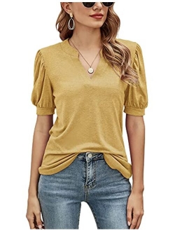 Romanstii Women Casual V-Neck T-Shirts Loose Puff Short-Sleeve Tops Tunic Blouse