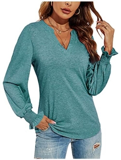 Romanstii Women Casual V-Neck T-Shirts Loose Puff Short-Sleeve Tops Tunic Blouse