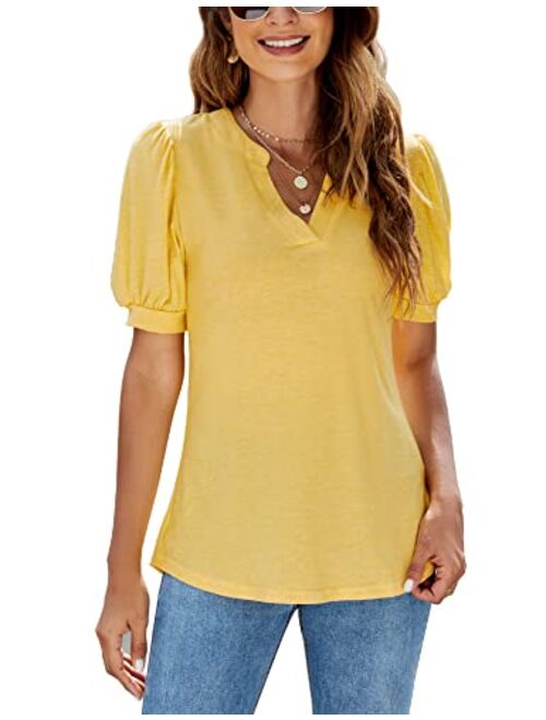 Romanstii Women Casual V-Neck T-Shirts Loose Puff Short-Sleeve Tops Tunic Blouse