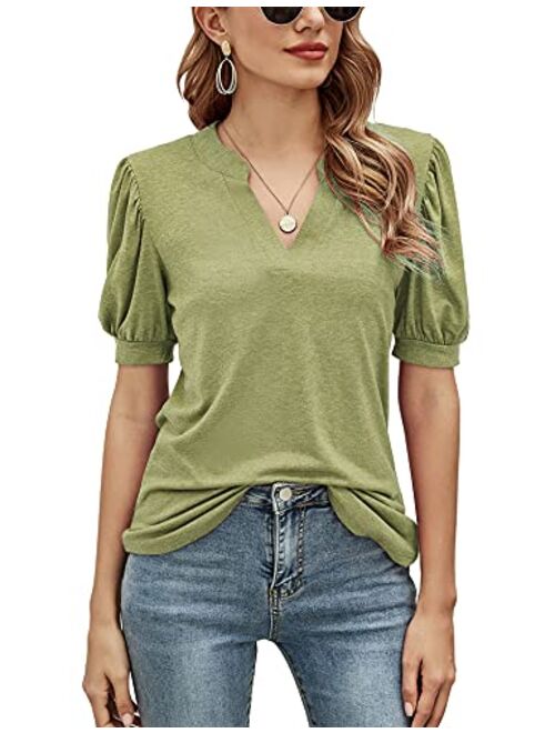 Romanstii Women Casual V-Neck T-Shirts Loose Puff Short-Sleeve Tops Tunic Blouse