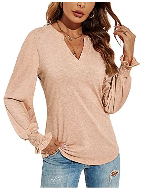 Romanstii Women Casual V-Neck T-Shirts Loose Puff Short-Sleeve Tops Tunic Blouse