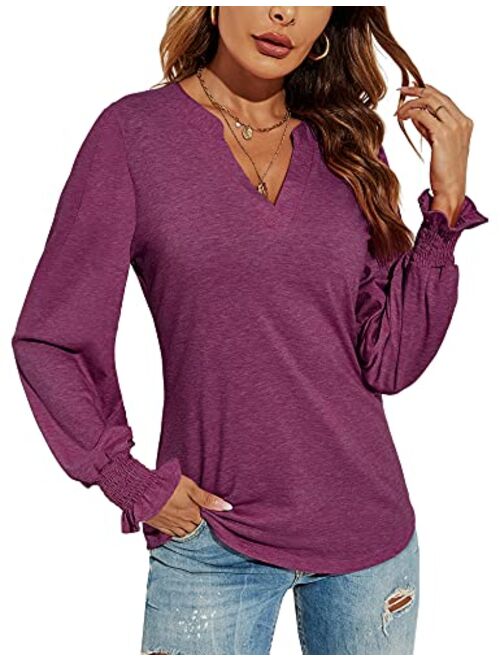 Romanstii Women Casual V-Neck T-Shirts Loose Puff Short-Sleeve Tops Tunic Blouse