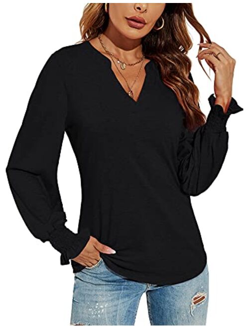 Romanstii Women Casual V-Neck T-Shirts Loose Puff Short-Sleeve Tops Tunic Blouse