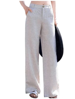 Hooever Womens Casual High Waisted Wide Leg Pants Button Up Straight Leg Trousers