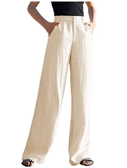 Hooever Womens Casual High Waisted Wide Leg Pants Button Up Straight Leg Trousers