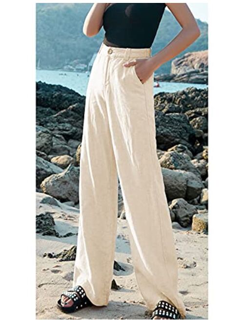 Hooever Womens Casual High Waisted Wide Leg Pants Button Up Straight Leg Trousers