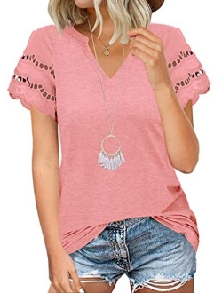 MIHOLL Women's Lace Short Sleeve V Neck Shirts Loose Casual Tops Tee Shirt