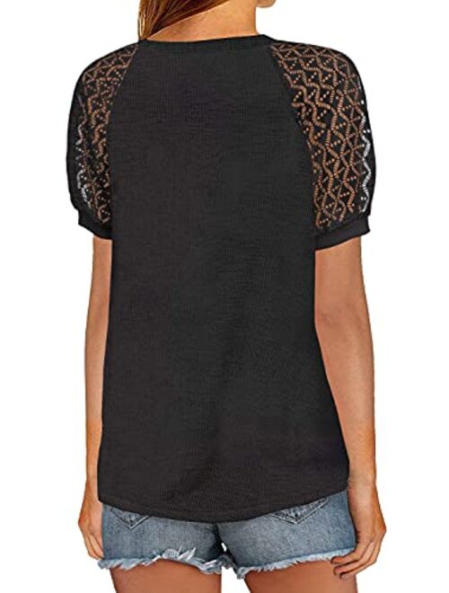 MIHOLL Women's Lace Short Sleeve V Neck Shirts Loose Casual Tops Tee Shirt