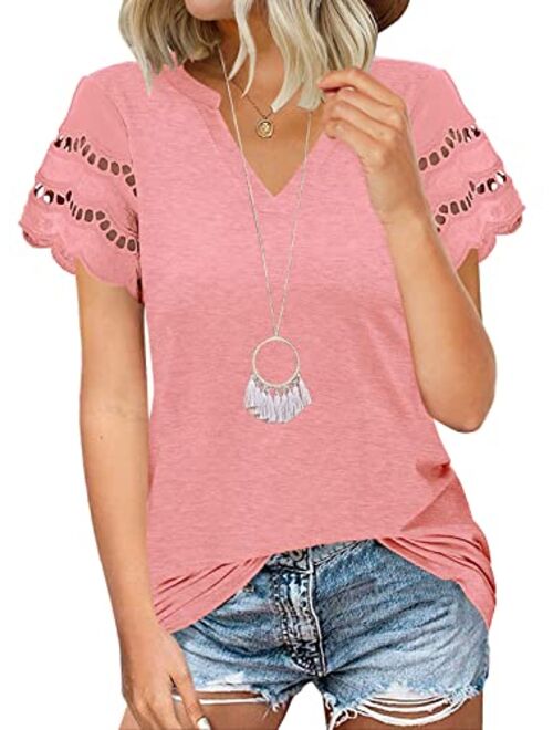 MIHOLL Women's Lace Short Sleeve V Neck Shirts Loose Casual Tops Tee Shirt