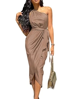 Women's Ruched Bodycon Dress Asymmetrical Sleeveless One Shoulder Wrap Satin Belted Cocktail Midi Dress