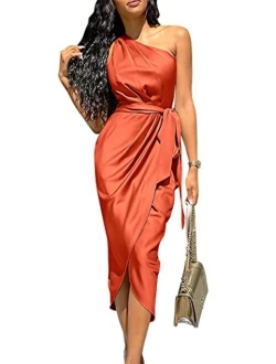 Women's Ruched Bodycon Dress Asymmetrical Sleeveless One Shoulder Wrap Satin Belted Cocktail Midi Dress