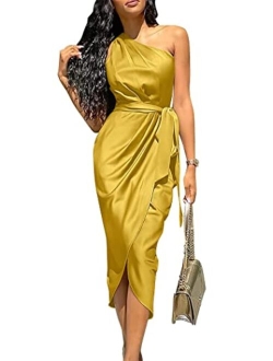 Women's Ruched Bodycon Dress Asymmetrical Sleeveless One Shoulder Wrap Satin Belted Cocktail Midi Dress