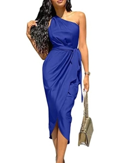 Women's Ruched Bodycon Dress Asymmetrical Sleeveless One Shoulder Wrap Satin Belted Cocktail Midi Dress