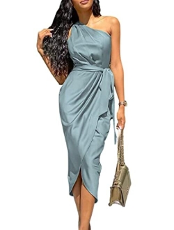 Women's Ruched Bodycon Dress Asymmetrical Sleeveless One Shoulder Wrap Satin Belted Cocktail Midi Dress