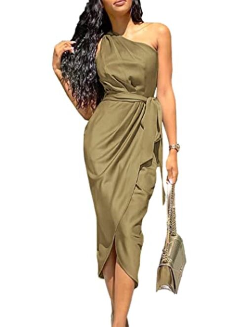 PRETTYGARDEN Women's Ruched Bodycon Dress Asymmetrical Sleeveless One Shoulder Wrap Satin Belted Cocktail Midi Dress