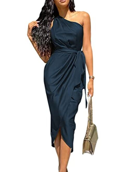 PRETTYGARDEN Women's Ruched Bodycon Dress Asymmetrical Sleeveless One Shoulder Wrap Satin Belted Cocktail Midi Dress