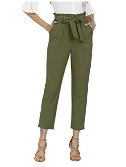 Freeprance Women's Pants Casual Trouser Paper Bag Pants Elastic Waist Slim Pockets