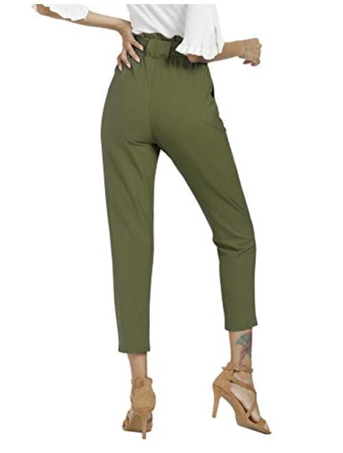 Freeprance Women's Pants Casual Trouser Paper Bag Pants Elastic Waist Slim Pockets