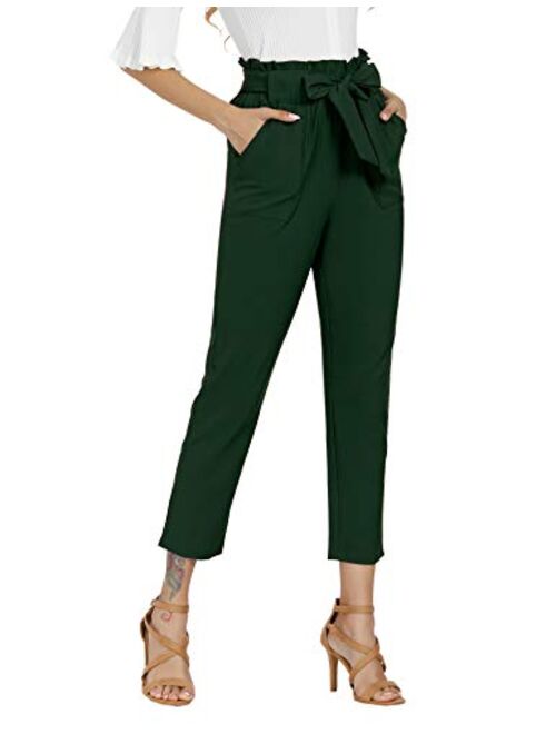 Freeprance Women's Pants Casual Trouser Paper Bag Pants Elastic Waist Slim Pockets