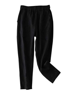 IXIMO Women's Tapered Pants 100% Linen Drawstring Back Elastic Waist Ankle Length Pants