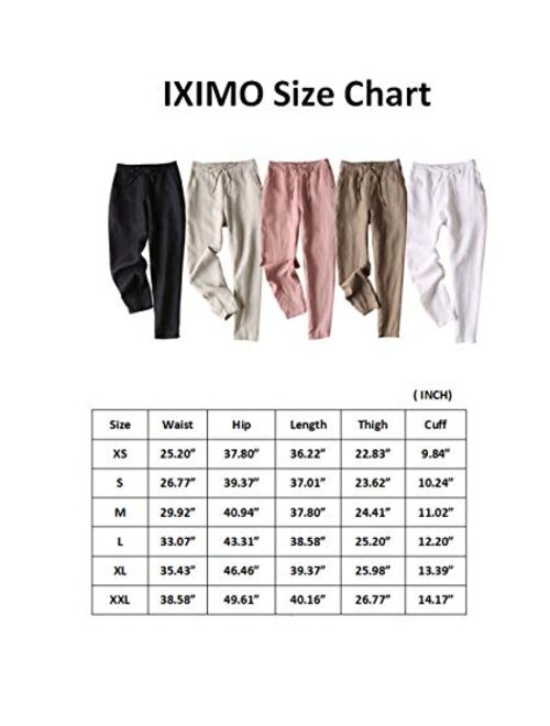 IXIMO Women's Tapered Pants 100% Linen Drawstring Back Elastic Waist Ankle Length Pants