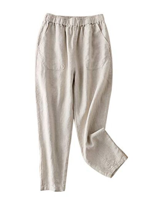 IXIMO Women's Tapered Pants 100% Linen Drawstring Back Elastic Waist Ankle Length Pants