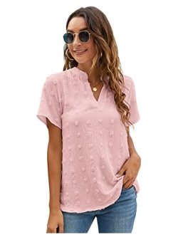 Womens White Chiffon Blouses Short Sleeve V Neck Shirts Summer Casual Polka Dot Tops