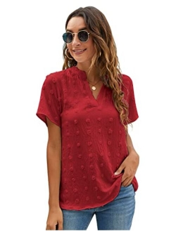 Womens White Chiffon Blouses Short Sleeve V Neck Shirts Summer Casual Polka Dot Tops