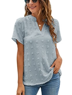 Womens White Chiffon Blouses Short Sleeve V Neck Shirts Summer Casual Polka Dot Tops