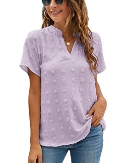 Womens White Chiffon Blouses Short Sleeve V Neck Shirts Summer Casual Polka Dot Tops