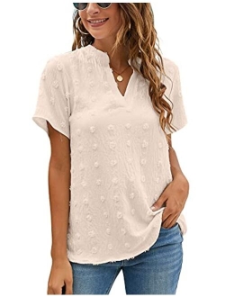 Womens White Chiffon Blouses Short Sleeve V Neck Shirts Summer Casual Polka Dot Tops