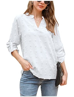 Womens White Chiffon Blouses Short Sleeve V Neck Shirts Summer Casual Polka Dot Tops