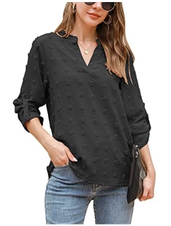 Womens White Chiffon Blouses Short Sleeve V Neck Shirts Summer Casual Polka Dot Tops