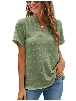 Womens White Chiffon Blouses Short Sleeve V Neck Shirts Summer Casual Polka Dot Tops