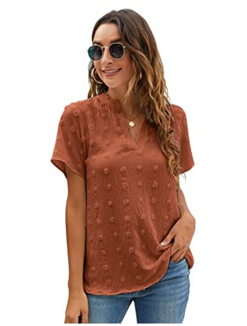 Blooming Jelly Womens White Chiffon Blouses Short Sleeve V Neck Shirts Summer Casual Polka Dot Tops