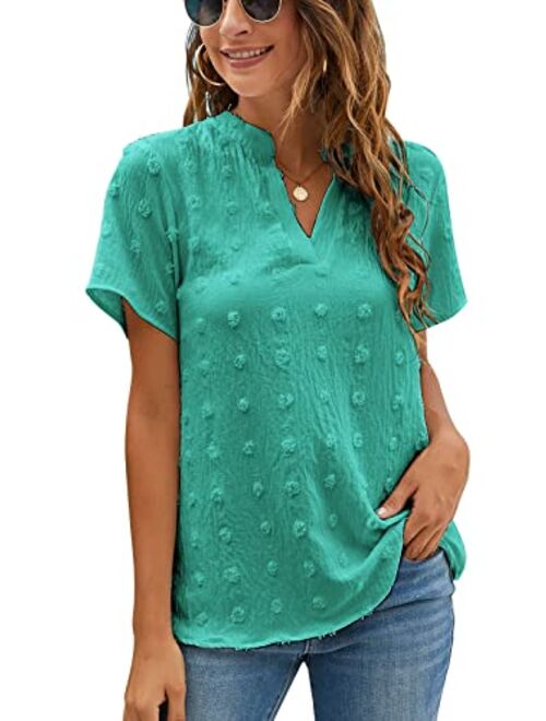 Blooming Jelly Womens White Chiffon Blouses Short Sleeve V Neck Shirts Summer Casual Polka Dot Tops