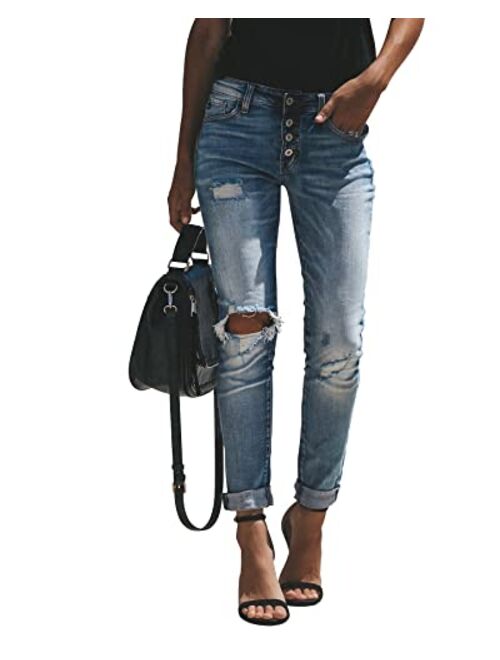 KUNMI Women's Ripped Mid Waisted Boyfriend Jeans Loose Fit Distressed Stretchy Denim Pants