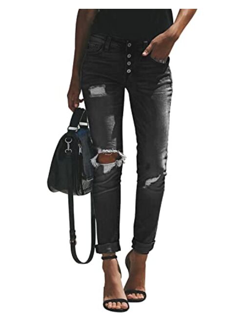 KUNMI Women's Ripped Mid Waisted Boyfriend Jeans Loose Fit Distressed Stretchy Denim Pants