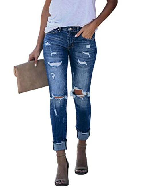 KUNMI Women's Ripped Mid Waisted Boyfriend Jeans Loose Fit Distressed Stretchy Denim Pants