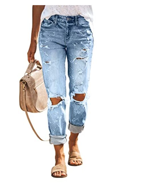 KUNMI Women's Ripped Mid Waisted Boyfriend Jeans Loose Fit Distressed Stretchy Denim Pants