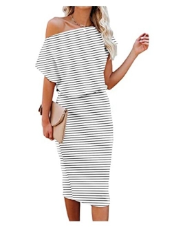 Ezbelle Women's Off The Shoulder Short Sleeve Ribbed Casual Party Bodycon Midi Dress