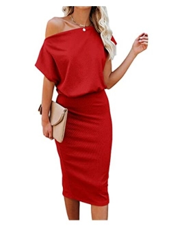 Ezbelle Women's Off The Shoulder Short Sleeve Ribbed Casual Party Bodycon Midi Dress