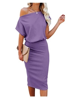 Ezbelle Women's Off The Shoulder Short Sleeve Ribbed Casual Party Bodycon Midi Dress