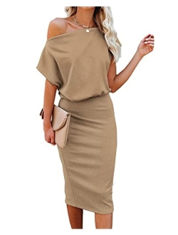 Ezbelle Women's Off The Shoulder Short Sleeve Ribbed Casual Party Bodycon Midi Dress