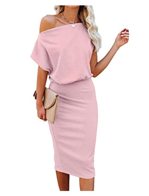 Ezbelle Women's Off The Shoulder Short Sleeve Ribbed Casual Party Bodycon Midi Dress