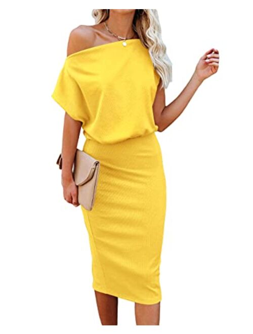 Ezbelle Women's Off The Shoulder Short Sleeve Ribbed Casual Party Bodycon Midi Dress