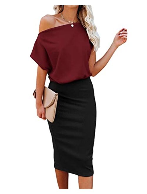 Ezbelle Women's Off The Shoulder Short Sleeve Ribbed Casual Party Bodycon Midi Dress