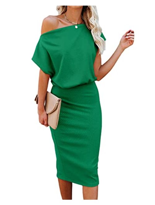 Ezbelle Women's Off The Shoulder Short Sleeve Ribbed Casual Party Bodycon Midi Dress