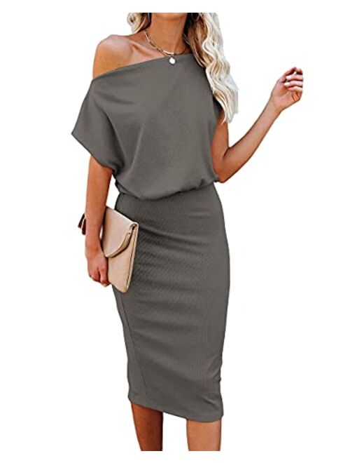 Ezbelle Women's Off The Shoulder Short Sleeve Ribbed Casual Party Bodycon Midi Dress