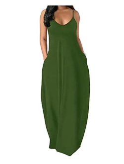 OFEEFAN Women's Maxi Dresses Summer Spaghetti Strap Dress with Pockets